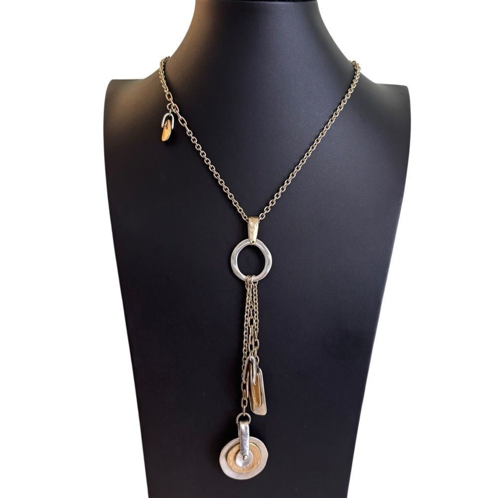 Chico's Two-Tone Hammered Matte Extra Long Chunky Charm Necklace.
